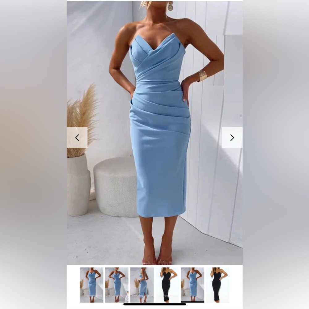 Strapless Tube Top Ruched Back Slit Midi Party Dress